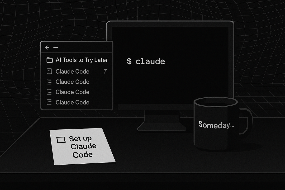 Developer procrastination vs Claude Code productivity split screen - bookmarked AI coding tutorials vs active terminal use